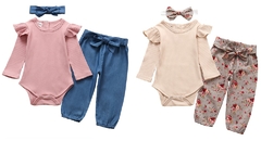 Conjunto 3 peças body manga longa, calça e faixa cabeça