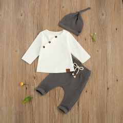 Conjunto infantil bebê 3 peças. Blusa manga longa, calça e gorro - comprar online