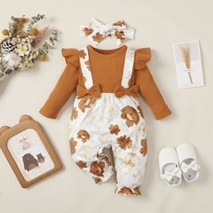 Kit 3 peças - jardineira, body manga longa e faixa