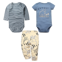 Kit infantil bebê 3 peças - body manga longa, body manga curta e calça