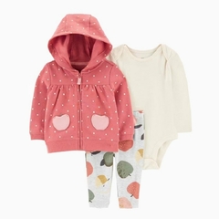 Kit infantil bebê com 3 peças: body manga longa, blusa manga longa com zíper e com capuz e calça