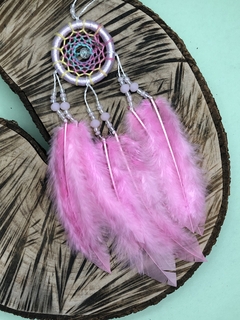 Filtro dos Sonhos Lilas e Multicolor com Pena Rosa pequeno