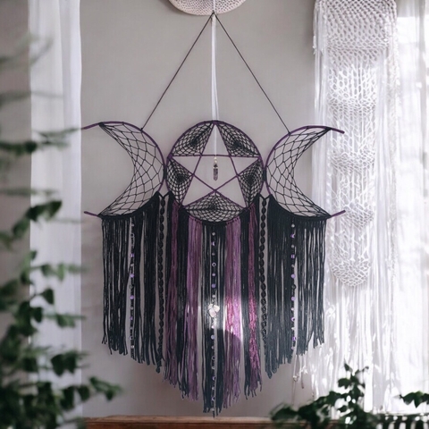 Filtro dos Sonhos Triluna Pentagrama com Pedra Ametista (Sob Encomenda)