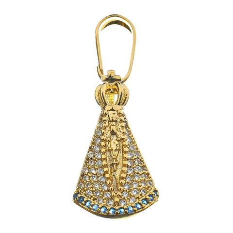Pingente Nossa Senhora Aparecida Pequeno Cravejado com Pedras de Zircônia Branco e Azul 2x1,8cm - Banhado a Ouro 18K