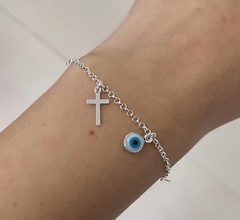 Pulseira de Prata 925 Pingentes de Olho Grego e Cruz - comprar online