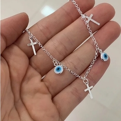 Pulseira de Prata 925 Pingentes de Olho Grego e Cruz