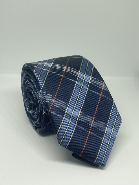 GRAVATA ITALIANA AZUL E LARANJA XADREZ