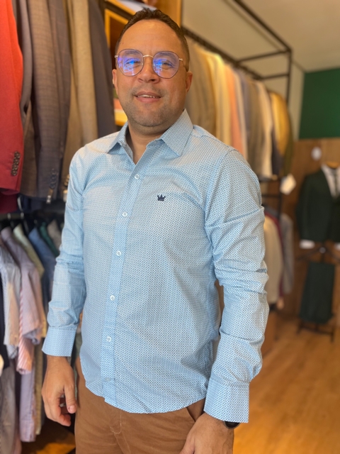 CAMISA SOCIAL ESTAMPADA AZUL GEOMÉTRICA - DOM LEANDRO