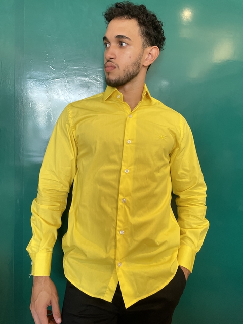 CAMISA SOCIAL MANGA LONGA AMARELO SLIM 100% ALGODÃO FIO 60