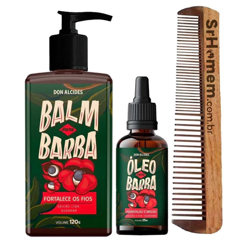 KIt Balm Óleo e Pente Duplo Para Barba Guaraná Don Alcides