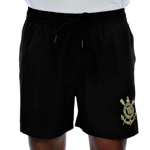 Bermuda Shorts Preto Com Escudo Dourado Oficial Corinthians