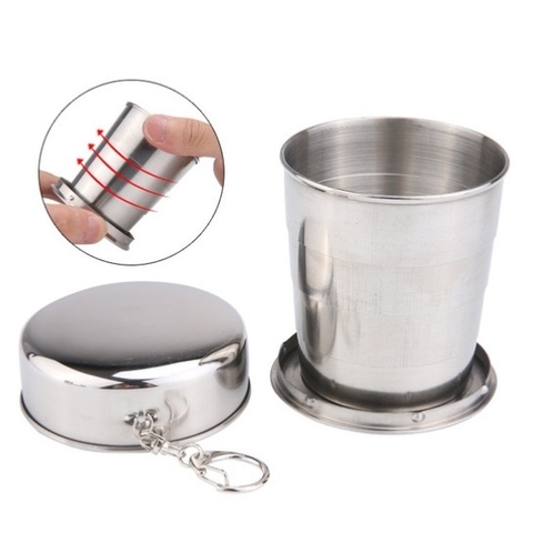 Copo de Inox Portátil Retrátil com Tampa Chaveiro 250ml