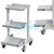 Dental equipment trolley with three shelves and wheels for easy mobility.