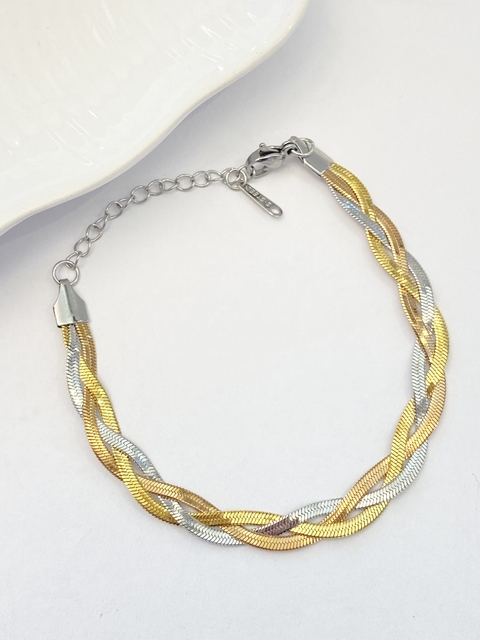 PULSEIRA TRANÇADA BICOLOR - DOURADO/PRATA