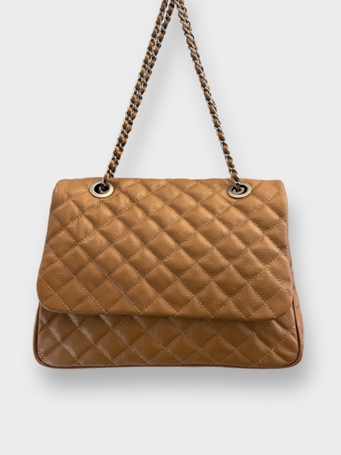 BOLSA MATELASSÊ GRANDE COURO LEGÍTIMO CLÁSSICA - CARAMELO