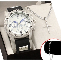 Relogio Masculino Banhado a Ouro Original + Colar com Cruz + Pingente - comprar online