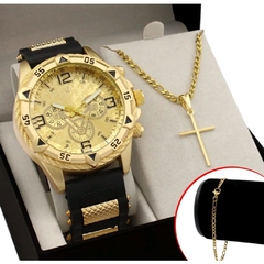 Relogio Masculino Banhado a Ouro Original + Colar com Cruz + Pingente