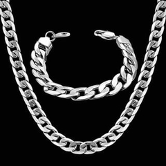 Kit Cordão Corrente e Pulseira 70cm Barato Aço Cirúrgico Inox Masculino Grossa Prata Elo Promoção