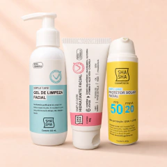 Kit Completo Skincare Facial SHA SHA | Gel 120mL + Hidratante 40g + Protetor FPS50 45g | Todos os Tipos de Pele
