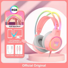 ONIKUMA X15 Pro Over-Ear Headphones Gaming Headset Wired Cancelling Earphones Pink Cat Ears Rgb Light With Mic For PC PS4 - HighTech Tecnologias
