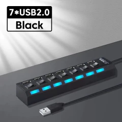 USB 2.0 Hub Multi USB Splitter Ports Hub Use Power Adapter4/ 7 Port Multiple Expander Hub with Switch 30CM Cable For Home