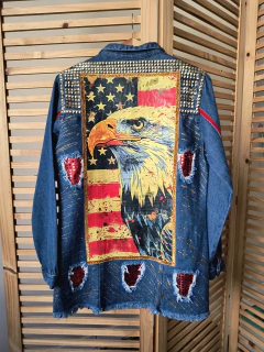 Imagem do Máxi Jaqueta jeans escuro destroyed customizada Águia Americana tamanho P