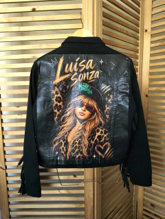 Jaqueta jeans preta customizada Luíza Sonza tamanho P