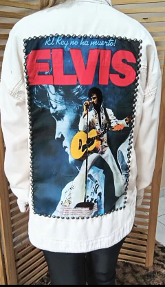 Jaqueta jeans oversized cor creme customizada Elvis Presley tamanho G na internet