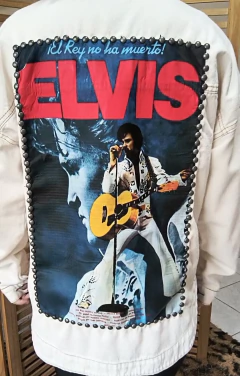 Jaqueta jeans oversized cor creme customizada Elvis Presley tamanho G - Xodozinhos da Kari