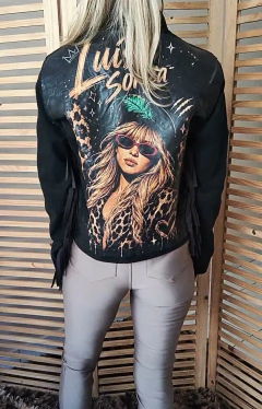 Jaqueta jeans preta customizada Luíza Sonza tamanho P