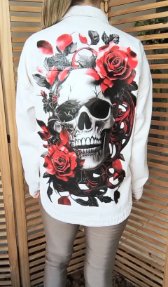 Jaqueta jeans oversized cor creme customizada Caveira Catrina tamanho P - comprar online