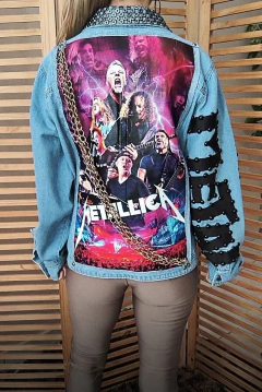 Jaqueta jeans clara customizada Metallica tamanho G - loja online