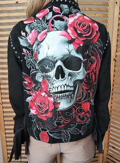 Jaqueta jeans preta customizada Caveira Lupita tamanho G