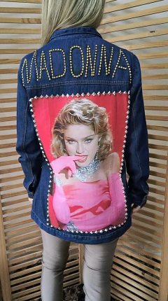 Maxi Jaqueta jeans escuro destroyed customizada Madonna Material Girl tamanho M