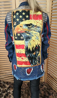 Máxi Jaqueta jeans escuro destroyed customizada Águia Americana tamanho P - comprar online