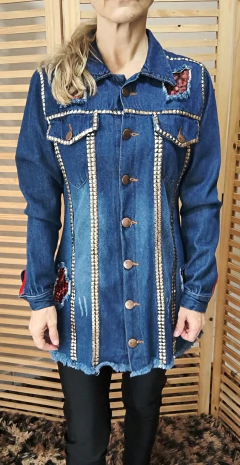 Máxi Jaqueta jeans escuro destroyed customizada Águia Americana tamanho P na internet