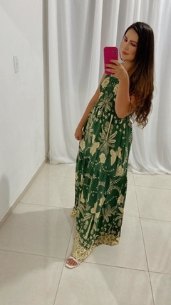 Vestido longo verde estampado