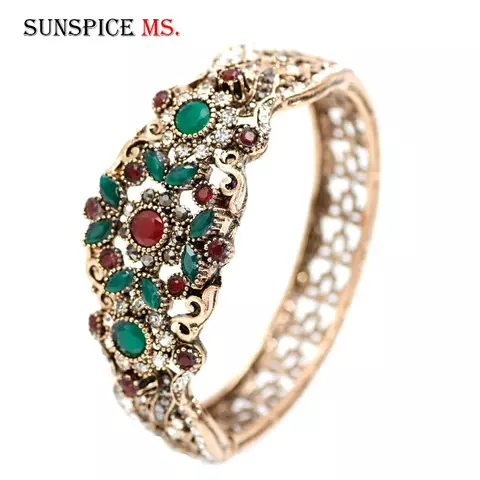 Pulseira Manguito Turca Luxuosa – Joia Árabe Dourada com Strass e Flor, Estilo Antigo/ Cód. JP0013