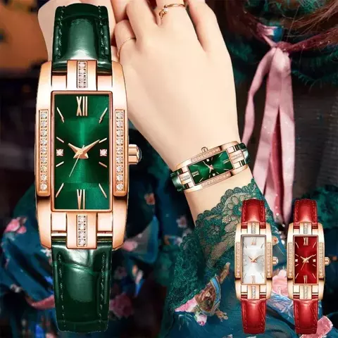 Relógio de Luxo Feminino com Cristal Verde – Pulso de Couro Pequeno Retângulo/ COD. R0001