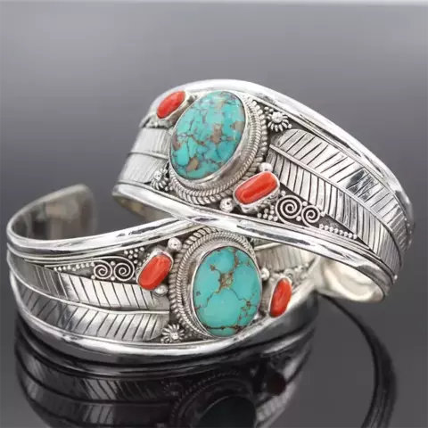 Pulseira Bangle Aberta Vintage – Ajustável, Pedra Ágata e Turquesa, Estilo Boho/ COD. JP0005