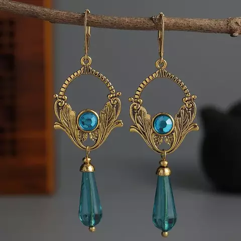 Brincos Femininos Boho Vintage com Gota e Pedras Azuis/ Cód. JBR0012