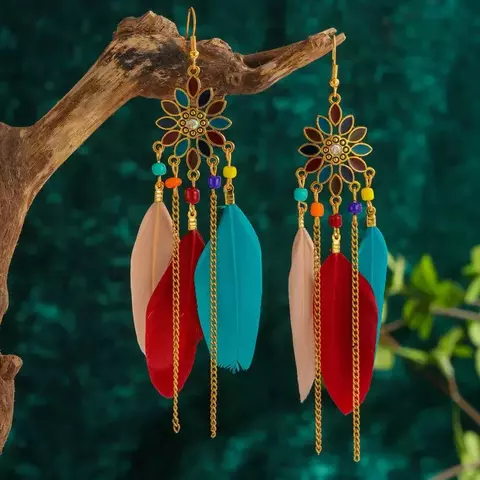 Brincos Boho Étnicos com Penas Coloridas – Brincos de Balanço com Borla para Mulheres Elegantes/ A0003