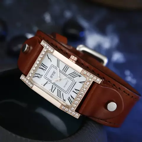 Relógio Feminino Roma Design Quadrado Clássico — Pulseira de Couro Legítimo com Cristais Elegantes, Estilo Casual Sofisticado_ Cód. R0052