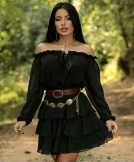 Vestido Boho Chic Chiffon Cigana Manga Comprida com babados Veste do 36 ao 44