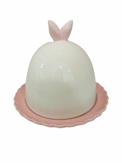 Imagem do Queijeira de Páscoa Porcelana Branco com Rosa 20,5 cm x 23 cm x 23 cm