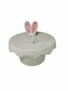 Imagem do Boleira Pascoa com orelha branco com rosa Porcelana 16 cm