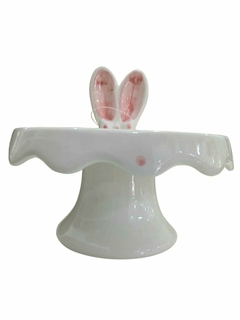 Boleira Pascoa com orelha branco com rosa Porcelana 16 cm - Toko Artesanato e Decorações