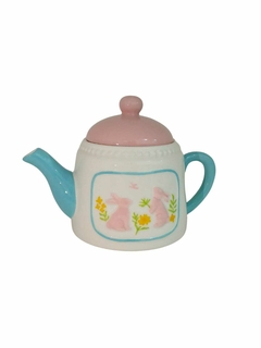 Bule Páscoa Branco com rosa e azul turquesa Cerâmica 21 cm na internet