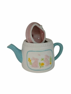 Bule Páscoa Branco com rosa e azul turquesa Cerâmica 21 cm - loja online