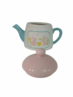 Bule Páscoa Branco com rosa e azul turquesa Cerâmica 21 cm - comprar online